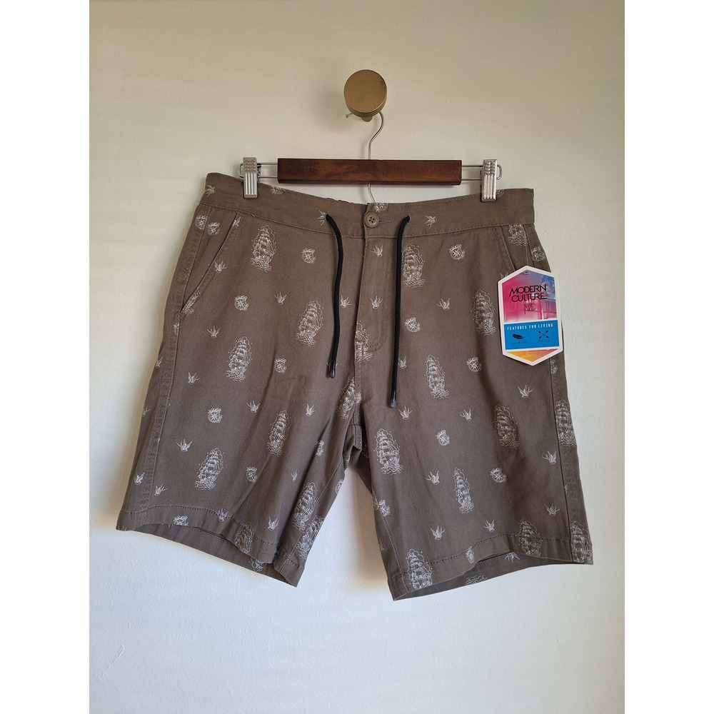 Modern‎ Culture Mens Nautical Ship Print Shorts Khaki Brown Stretch Size 32 NWT